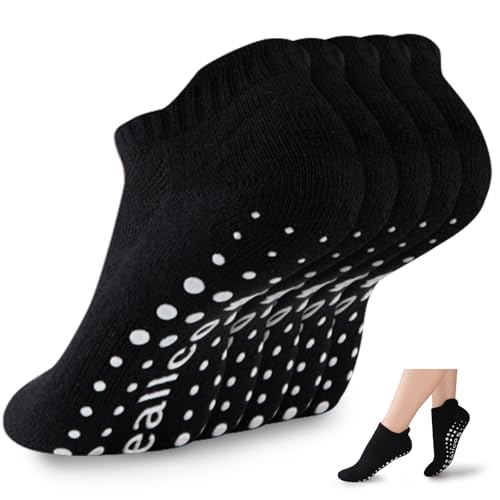 eallco Pilates Socks with Grips for Women Non Slip Yoga Grippy Socks for Barre Barefoot Hospital Workout Cushioned 5 Pairs
