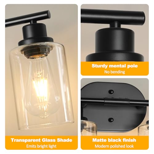 Image of Unicozin Bathroom Light Fixtures, 4 Light Vanity Lights for Bathroom, Black Wall Lamp with Clear Glass for Mirror, Living Room, Hallway, Cabinet, E26 Base