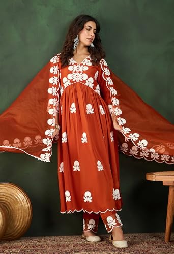 SheWill Women's Silk Blend Chain Work Embroidered A Line Kurta with Pant Set For Wedding, Ethnic Wear