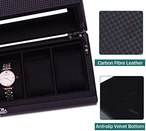 MQFORU Watch Box, 6 Slots, Carbon Fiber, Leather Watch Display Organiser Case, Locking Jewelry Watch Holder with Glass Top
