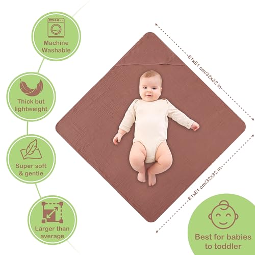 Image of 100% Organic Cotton Muslin Baby Hooded Towel, 32x32 in, Rust & Ivory, 2 Pack, Soft Absorbent 4-Layer Hooded Bath Towel for Newborns, Infants, Toddlers, Boys, Girls, Oeko-TEX