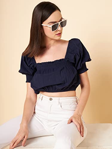 Image of HIGH Star Women's Square Neck Puff Sleeve Pure Cotton Slim Fit Blouson Top