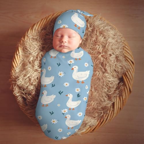 Image of Cute White Geese Swaddle Blanket with Beanie Hat Set - Soft Baby Receiving Blankets and Swaddle Blankets for Newborn Boys and Girls