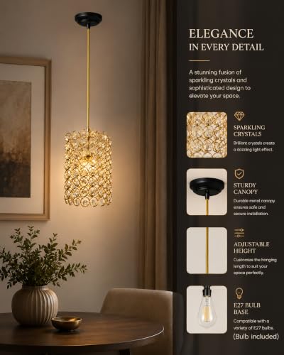 Image of Homesake Crystal Pendant Ceiling Light | Gold Metal Hanging Lamp with Crystal Ring Shade | Modern Luxury Chandelier for Living Room, Dining Room, Bedroom, Hallway & Balcony | E27 Holder