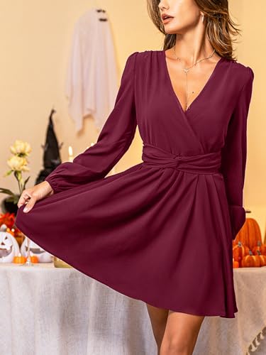Image of CUPSHE Women's Long Sleeve Mini Dress V Neck Elegant Cocktail Party Dress Fall Flowy Wedding Guest Dress