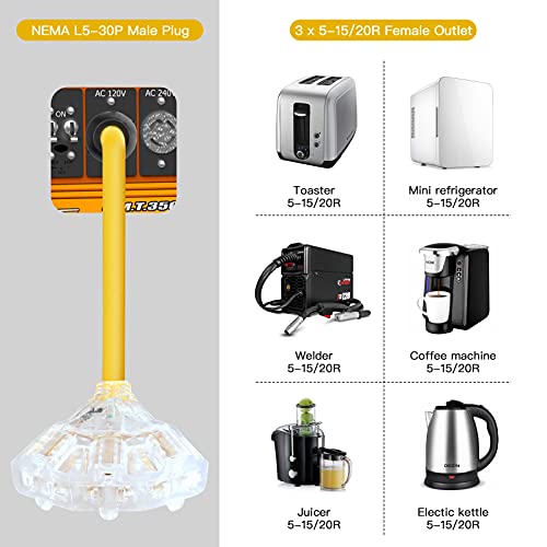 EXCELFU 30 Amp to 110 Adapter Generator Power Cord, 3 Prong 30 Amp to 15 Amp Generator Adapter, Nema L5-30P Male Twist-Lock Power Plug to 3X 5-20R Female with Lighted End - Image 6