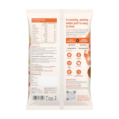 Mille Cheese Balls | 37% Millets | Baked | No Palm Oil | Not Fried, 0 Preservatives | 0 Trans Fat | Healthy Snacks | Naturally Gluten Free | 35g x 4