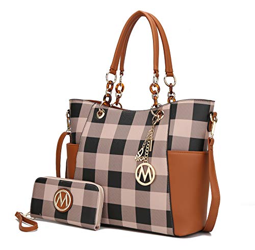 MKF Collection Bolsa feminina com alça superior para carteira - bolsa de couro vegano, Xadrez Cognac Brown, Large