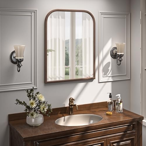 Image of 28 inchx36 inch Arch Wall Mirror for Wall, Wall Mounted Vanity Mirror for Bedroom, Wood Grain Finish Frame Mirror with Tempered Glass, Vintage Decorative for Bathroom, Entryway, Living Room, Walnut