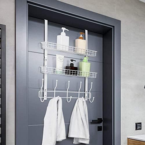 UOMIO Over The Door Storage Rack with Basket and Hooks Heavy Duty Steel Coat Rack Basket Holder White Metal Over Door Racks Towel Hooks with 5 Hooks & 2 Tier Baskets for Bathroom, Bedroom, Office