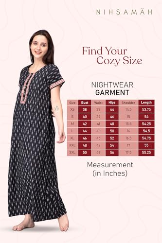 Image of NIHSAMAH Cotton Nighty for Women with Pocket, Premium Printed Long Nighty | Comfortable & Fancy Sleepwear /Nightwear