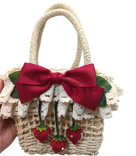 Lolita Girls Strawberry Straw Handbag Women's Handmade Bowknot Rattan Bag2