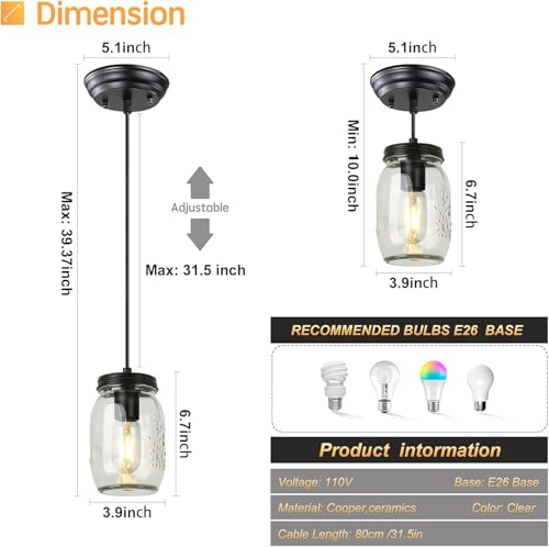 TinHon Glass Mason Jar Light Fixtures, 1-Light Kitchen Island Lighting, Farmhouse Pendant Lights Kitchen Island, Adjustable Black Hanging Lights for Kitchen Over Sink Dining Room