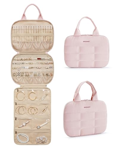 BAGSMART Travel Jewelry Case, Hanging Jewelry Organizer with Zipper Pockets, Large Capacity Puffy Jewelry Roll for Earrings, Necklaces, Rings on Closet, Wall, Door, Portable Travel Essentials, Pink