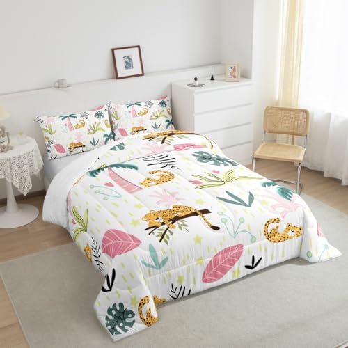 Image of Feelyou Leopard Comforter Set Toddler Size Kids Toddler, Cute Leopard Comforter Set Toddler Size Cartoon Cheetah Print Comforter Tropical Plants Duvet Set Durable Quilt Set