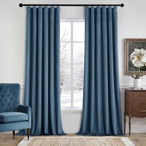 Image of MIULEE Velvet Curtains 50W x 96L 2 Panels Stone Blue Blackout Curtains | Luxury velvet fabric, pinch pleat design, back tab hooks, thermal insulated, blackout light blocking, for living room bedroom