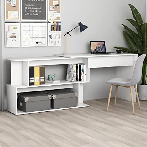 Ziaphsol Escritorio esquinero blanco de madera 200 x 50 x 76 cm giratorio para oficina en casa, oficina en casa, ahorra espacio, ordenador portátil, escritorio de trabajo con espacio de almacenamiento