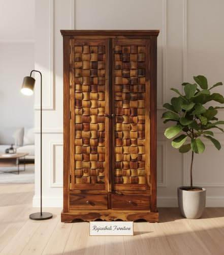 Image of Rajasthali Furniture Wooden 2 Door Wardrobe Organizer for Storage with 2 Drawer 4 Shelves - Sheesham Wood Cupboard for Bedroom - Wooden Almirah Organizer for Clothes Storage (Brian)