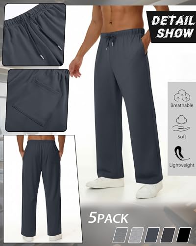 Image of 5 Pack Men's Lightweight Baggy Sweatpants Straight Leg Open Bottom Drawstring Pants with 3 Pockets