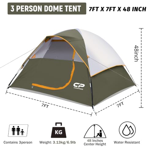 Image of CAMPROS CP 3 Person Tent, Dome Tents for Camping with Rainfly, Waterproof Camping Tent Easy Set Up, Portable Family Tent with Large Mesh Window & Carry Bag for Outdoor Hiking