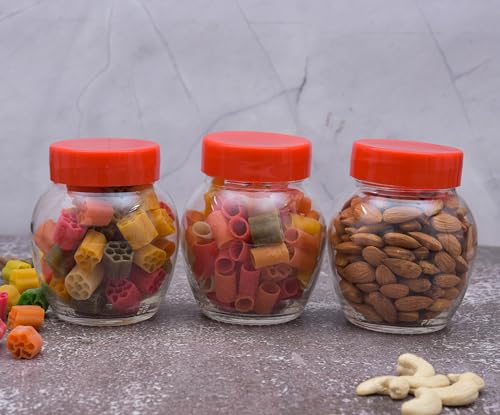 Image of Machak Glass Matka Containers for Kitchen Storage, Unbreakable Airtight, 300ml (Red, 3 Pieces)