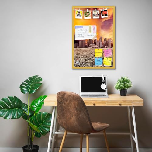 Image of ArtzFolio City Overlooking Desolate Desert | Bulletin Board Notice Pin Board | Vision Soft Board Combo with Thumb Push Pins & Sticky Notes | Golden Frame | 24 x 36 inch (61 x 91 cms)