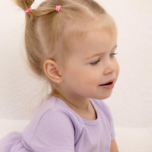 925 Sterling Silver Clear 3mm Square Princess Cut Cubic Zirconia Earrings with Safety Locking Screw Back for Babies, Toddlers and Young Kids2