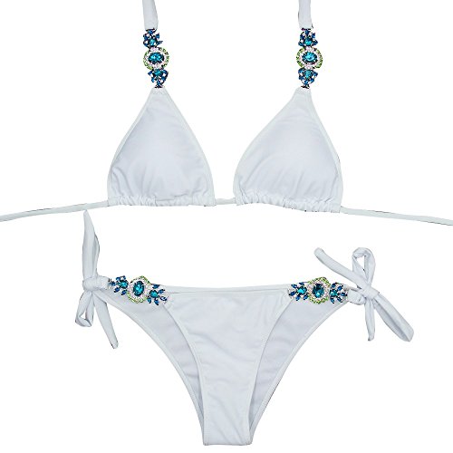 XUEJIN Women Bikini Two Piece Swimsuit Rhinestone Sequin Band Push Up Bathing Suit Halter Top Tankini Set Swimwear Suit White