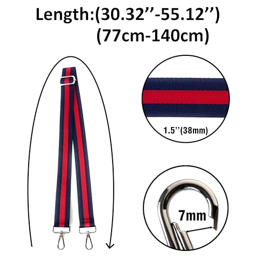 Image of Classic Navy Blue Red Stripe Purse Strap with Silver Hardware 1-1 /2 Inch Wide Replacement Crossbody Guitar Style Shoulder Strap for Handbags Totes