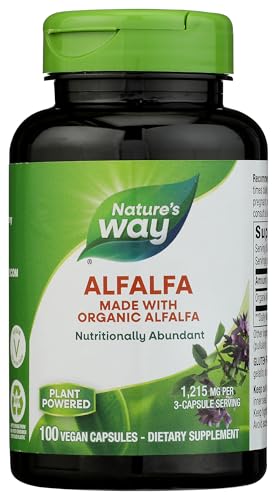 Natures Way Alfalfa Made with Organic Alfalfa 1 215 mg per 3-Capsule Serving Alfalfa Herbal Capsule Gluten Free Vegan 100 Capsules (Packaging May Vary)