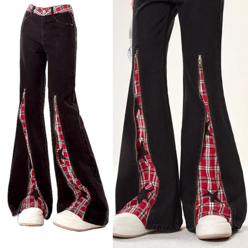 Gothic Fashion Womens Jeans Y2K Casual High Waist Straight Star Plaid Spliced Zipper Leg Flared Denim Pants3