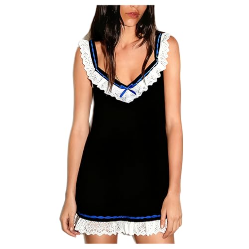 Image of Women Y2K Babydoll Mini Dress Cute Bow Lace Trim Pleated Ruffle Short Sundress Casual Party Vacation One Pieces