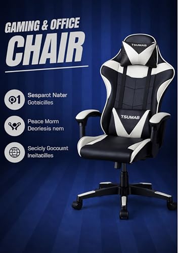 Image of Ergonomic Gaming & Office Chair with Adjustable Recline, Lumbar & Neck Support - Heavy Duty Swivel Chair for Home, Office & Gaming (Black & White, Without Footrest)