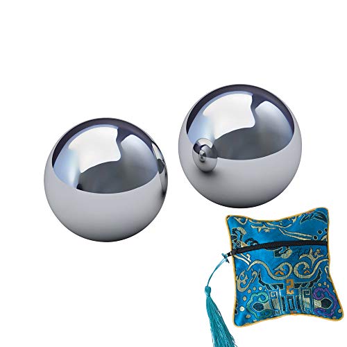 Addune Traditional Baoding Iron Balls with Chiming Solid Stainless Steel Chrome Color Chinese Health Exercise Balls for Hand Therapy Stress Relief (2'' with Bag)