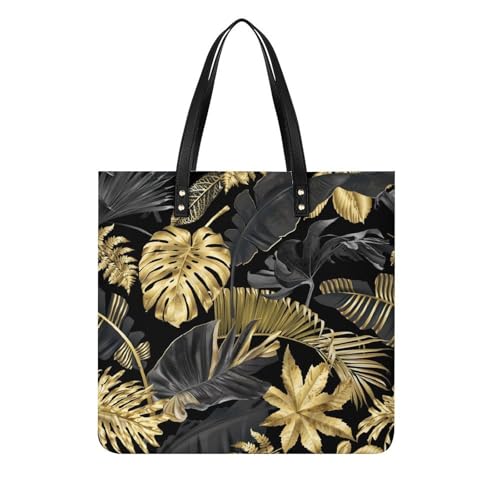Sac à main shopper femmes feuilles dorées, tote bag grand format 39x39cm idéal pour le voyage