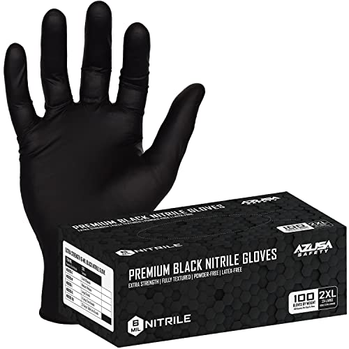 Azusa Safety 6 Mil Black Disposable Nitrile Gloves, Powder-Free, Fully Textured, Ambidextrous, Food Safe, Size: 2XL (Box of 100)