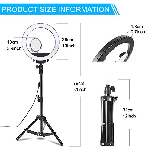 LED Ring Light 10" with Tripod Stand & Cell Phone Holder for Live Streaming & YouTube Video, Dimmable Selfie Desk Makeup Ring Light for Photography