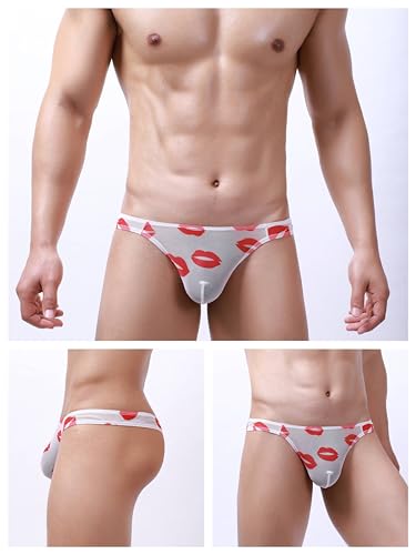 Men's Spandex Thong Low Rise Printed Bikini Eyelet Briefs Underwear3