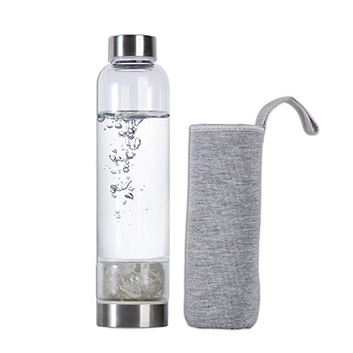 AMOYSTONE Crystal Elixir Water Bottles Clear Quartz Making Crystal Crushed Stones Bottle with Protective Sleeve 450ml