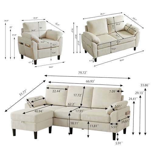 Image of 4 Piece Modern Corduroy Sofa Set, L-Shaped Sectional Couch with Storage Ottoman, Loveseat & Single Arm Chair, Side Storage Pockets, Removable Cushions for Living Room Apartment