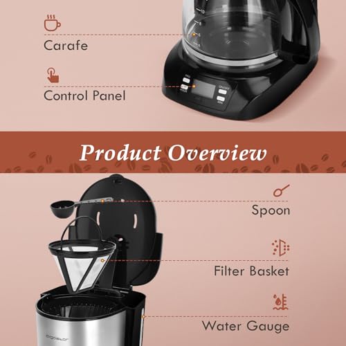 Aigostar Benno - Digitale Kaffeemaschine, Kaffeebrüher mit programmierbarer Timer, bis 12 Tassen, 1,5L, Warmhalteplatte, Tropf-Stopp, 800Watt, FilterKaffeemaschine Edelstahl, Schwarz – Bild 6