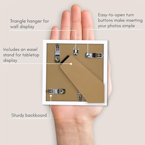 Americanflat 4x4 Picture Frame with Shatter-Resistant Glass - Streamline Collection - Thin Border Square Frame for Tabletop and Wall Display - Hanging Hardware and Easel Stand Included - White