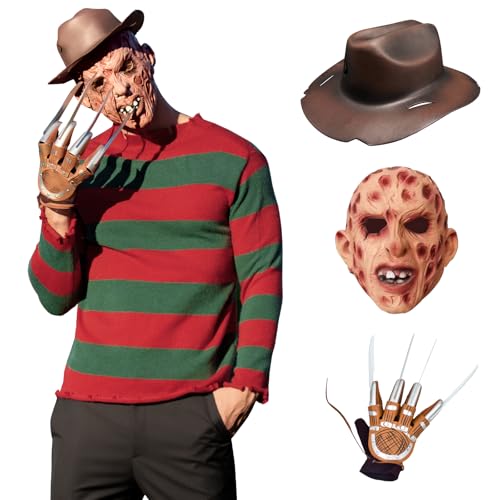 BuzzoXerex Disfraz Halloween Hombre Adulto, Suéter de Rayas Verdes y Rojas Disfraz Halloween Set con Guantes Sombrero Máscara para Cosplay de Halloween (M)