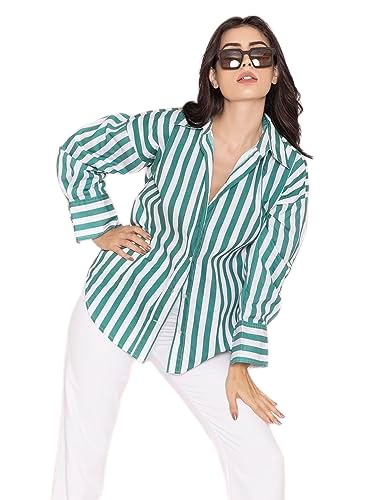 Image of Green Striped Pure Cotton Oversized Shirt