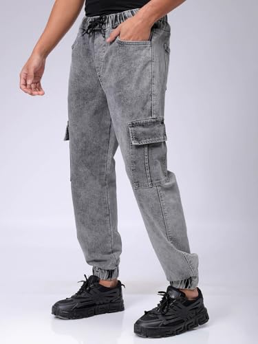 Image of The Indian Garage Co Men Regular Fit Solid Mid-Rise Stretchable Denim Cargo Joggers
