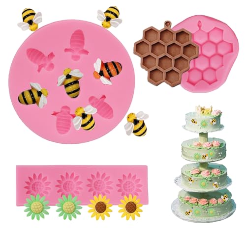 4 Pcs Bumble Bee Silicone Mold Honeycomb Sunflower and Bee Fondant Molds Kit Cupcake Hive DIY Chocolate Fondant Candy Cookies Crafting Party Wedding Cake Sugar Dessert Decorating Baking Mold (Pink)