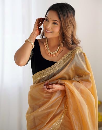 Image of SIRIL Women's Shimmer Net Sequence Embroidery Lace Saree for With Unstitched Blouse Piece