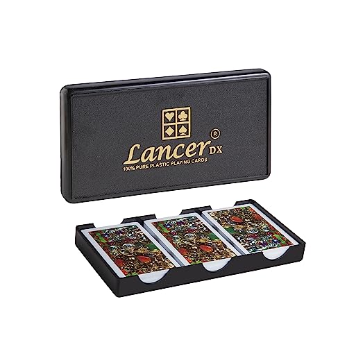 Image of LANCER DX Plastic Playing Cards (Set of 3), Bridge Size, Multicolor Cards Packed in a Three Piece PVC Container, Cards for All Ages Used for Card Games, Poker and Rummy