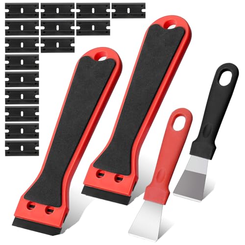 Annickee 2 Pezzi Raschietto Plastica Riutilizzabile, con 2 Metallico Raschietto 150 Lame di Plastica, Spatola Antigraffio per Vetro, Piano Induzione, Forno, Rimuove Adesivi Auto