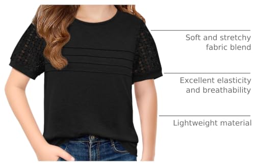 Image of Haloumoning Girls Short Sleeve T Shirts Kids Summer Lace Crewneck Tops Fashion Pleated Tees 5-14 Years